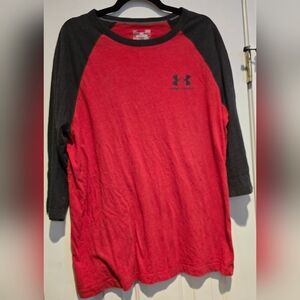 Under Armour Red & Grey Heatgear 3/4 Sleeve Baseball Shirt Loose Fit Size Large